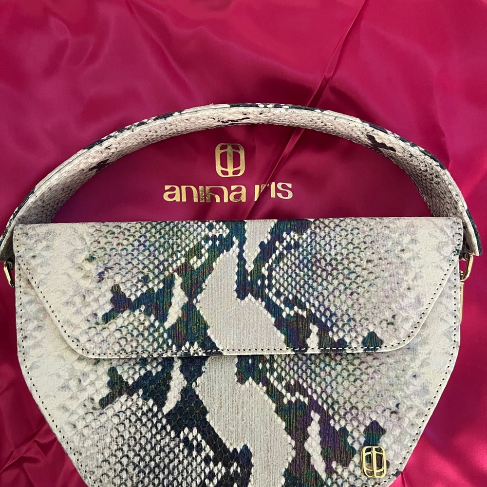 Anima Iris Cream and Green Clutch with Exotic Print
